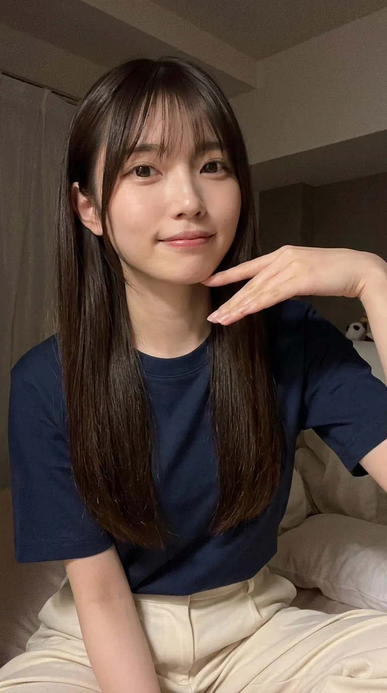 てくと(AIで作った人物の写真)。カメラ向けると、とりあえず顔の横に手を置いちゃう