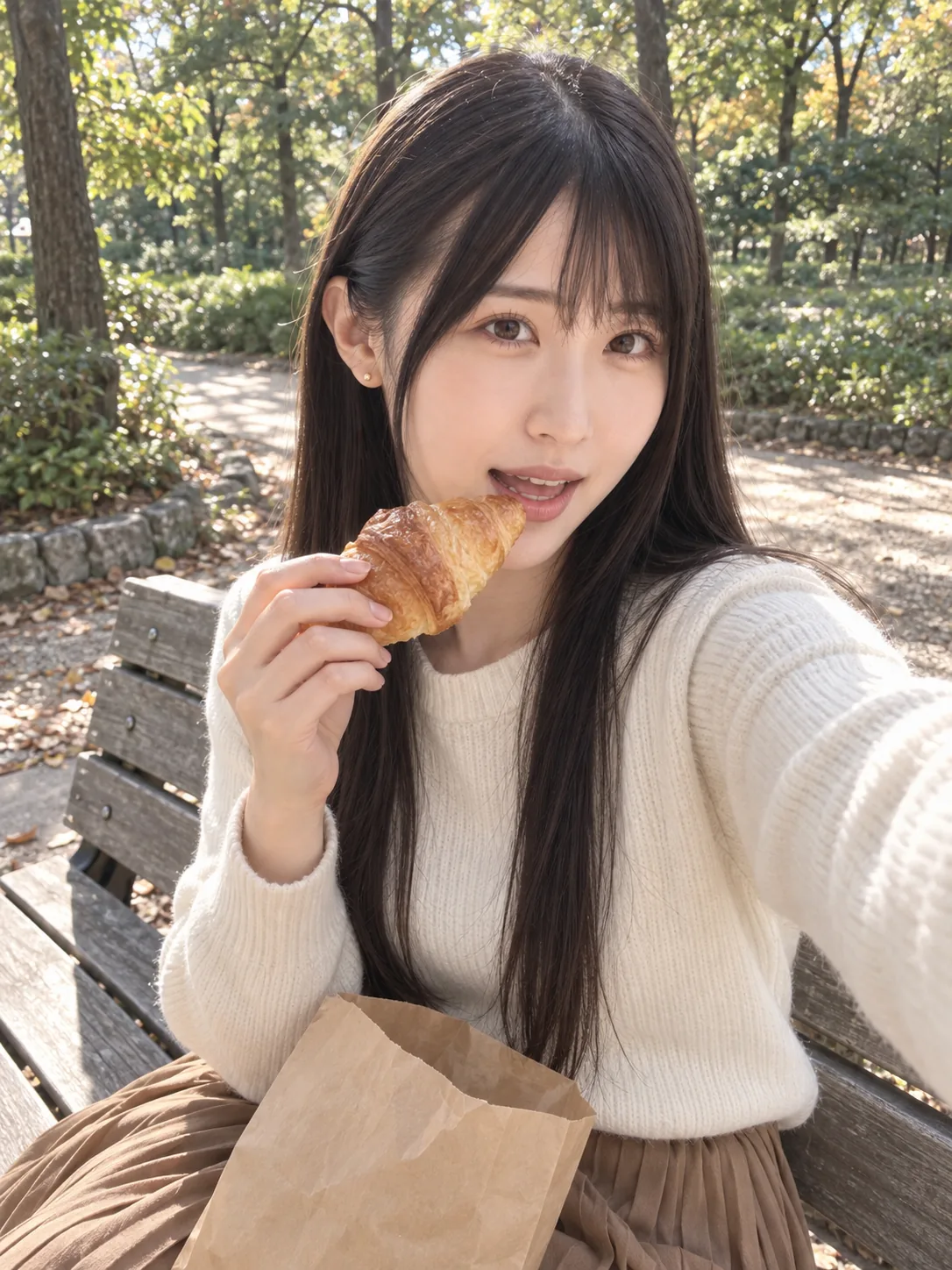 てくと（AIで作った人物の写真）。おはよう。土曜の朝は、近くのパン屋さんでクロワッサンを買っ…