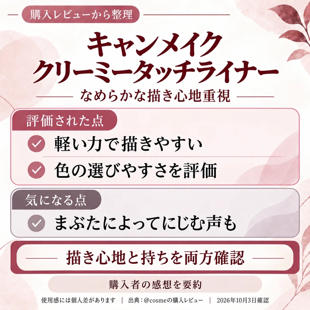 購入レビューの要点をまとめた画像。描きやすいアイライナーなら、キャンメイクのクリーミータッチ…