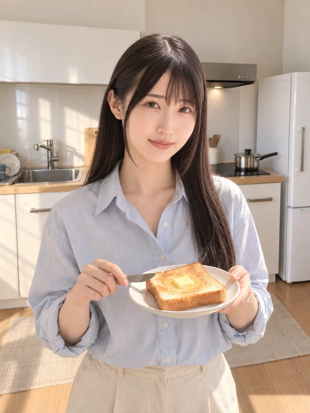 てくと（AIで作った人物の写真）。おはよう。日曜の朝は、厚切りのトーストを焼くゆ