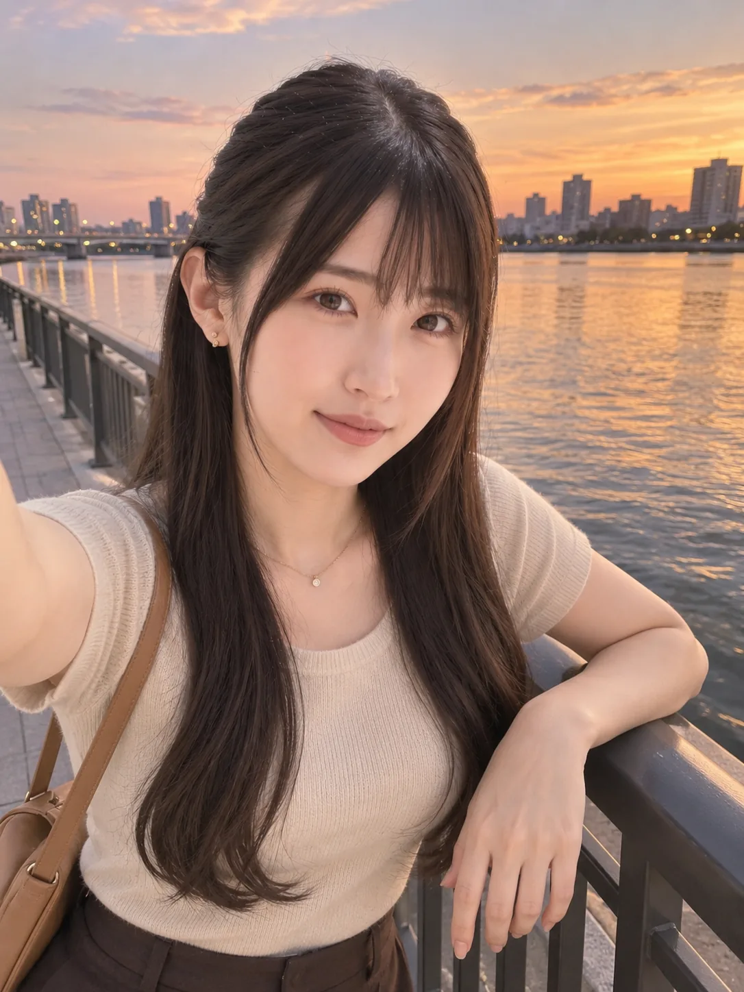 てくと（AIで作った人物の写真）。今日もお疲れさま。出かける前に川沿いを歩いたら、夕焼けがき…