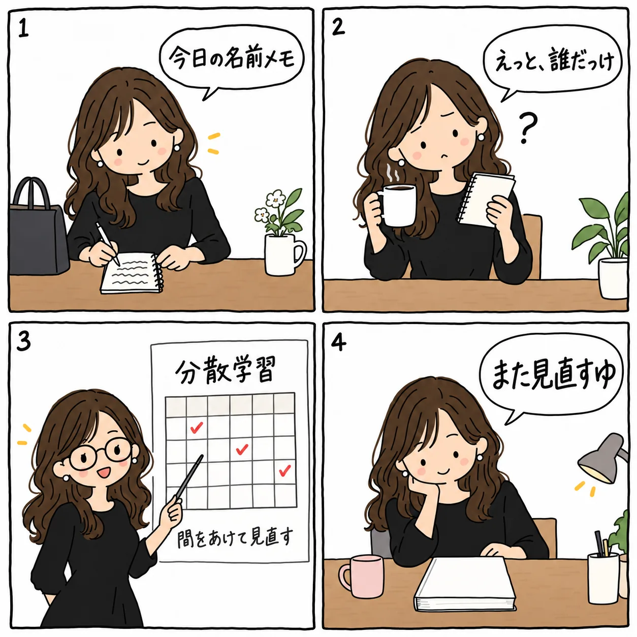 落書きの4コマ図解。名前を覚えるなら、一度に詰め込むより日をあけて思い出すゆ