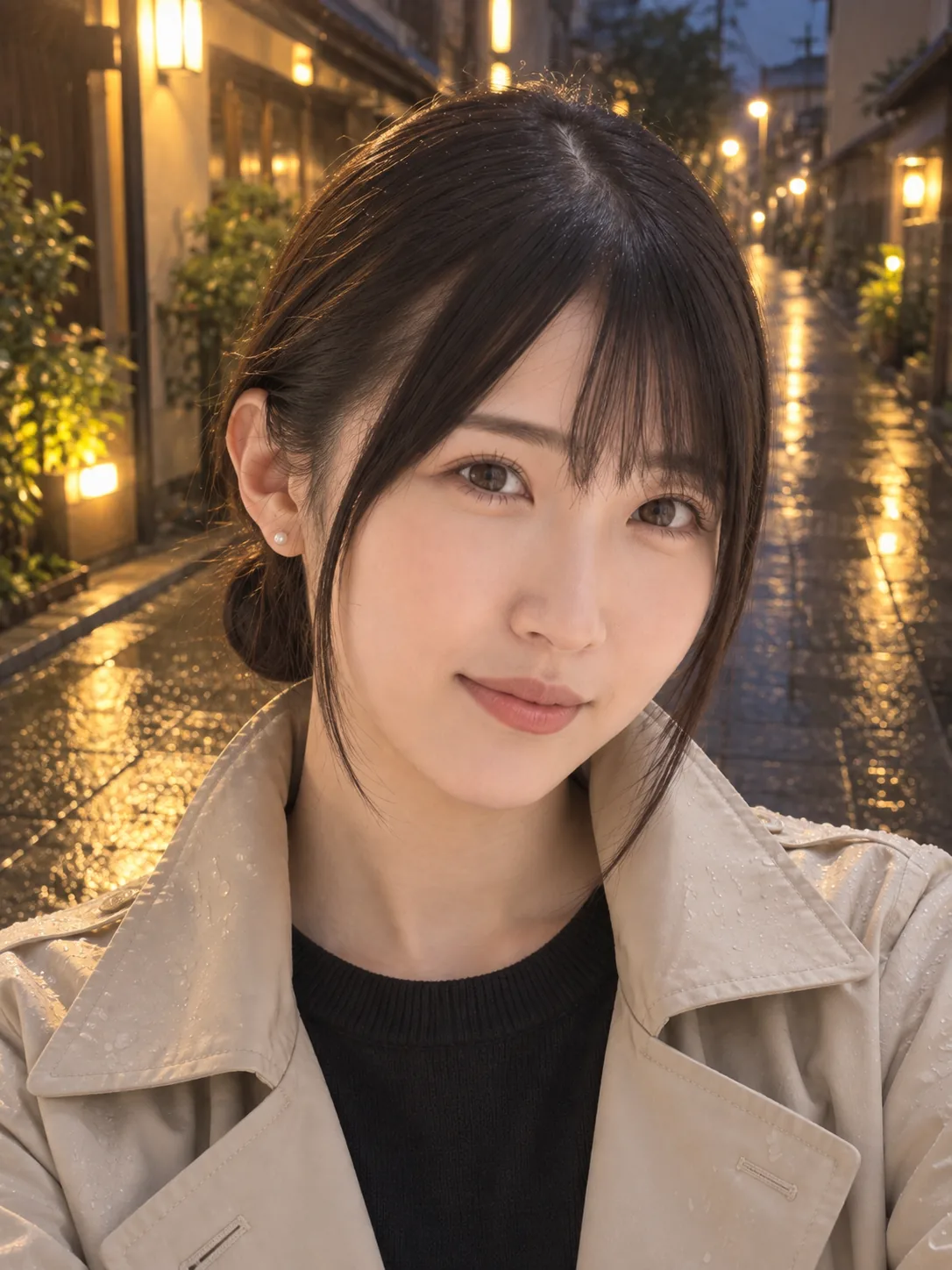 てくと（AIで作った人物の写真）。今週もお疲れさま。雨上がりの道に街の灯りが映って、きれいだ…