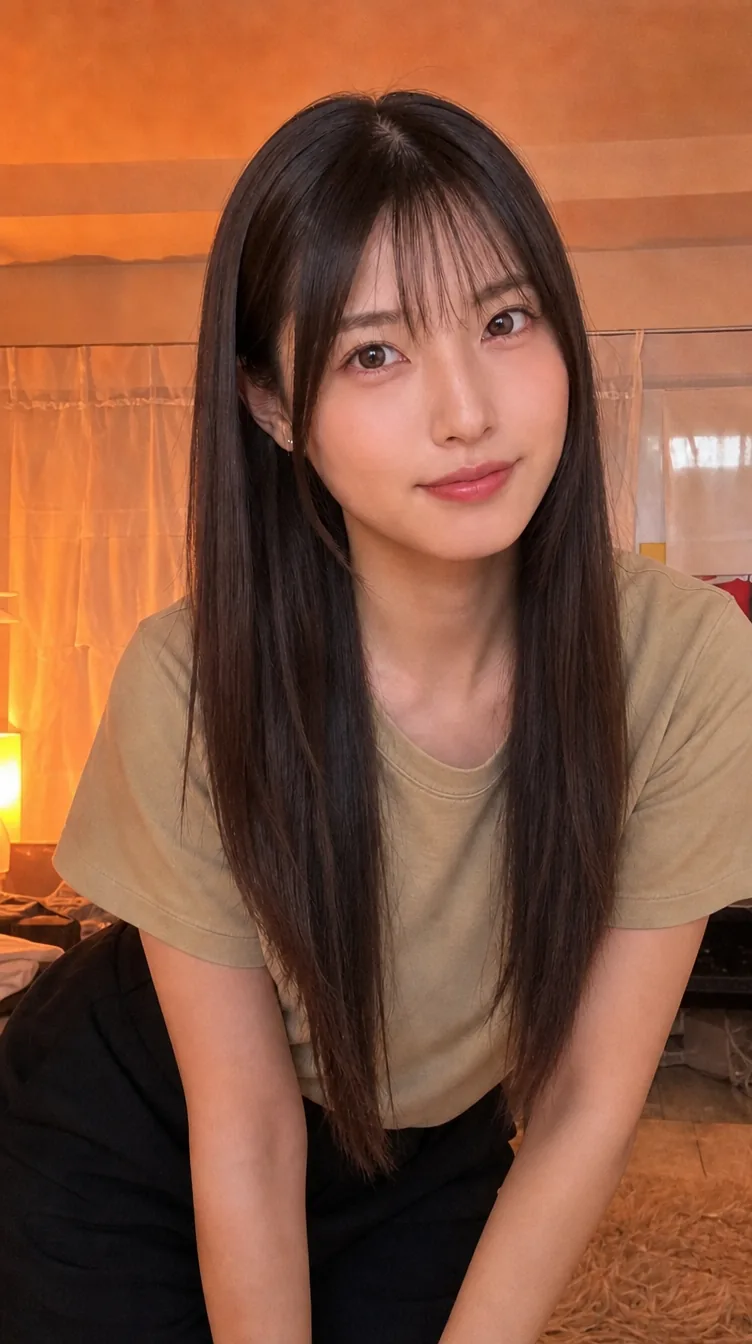 てくと(AIで作った人物の写真)。今日もおつかれさま。夜のこの時間、やっとひと息つけるね