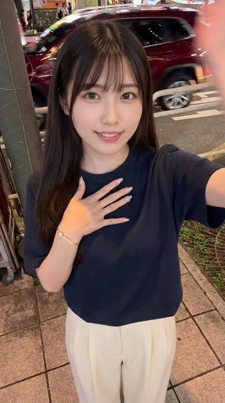 てくと(AIで作った人物の写真)。夜の光だと、ネイビーが黒っぽく見えるね