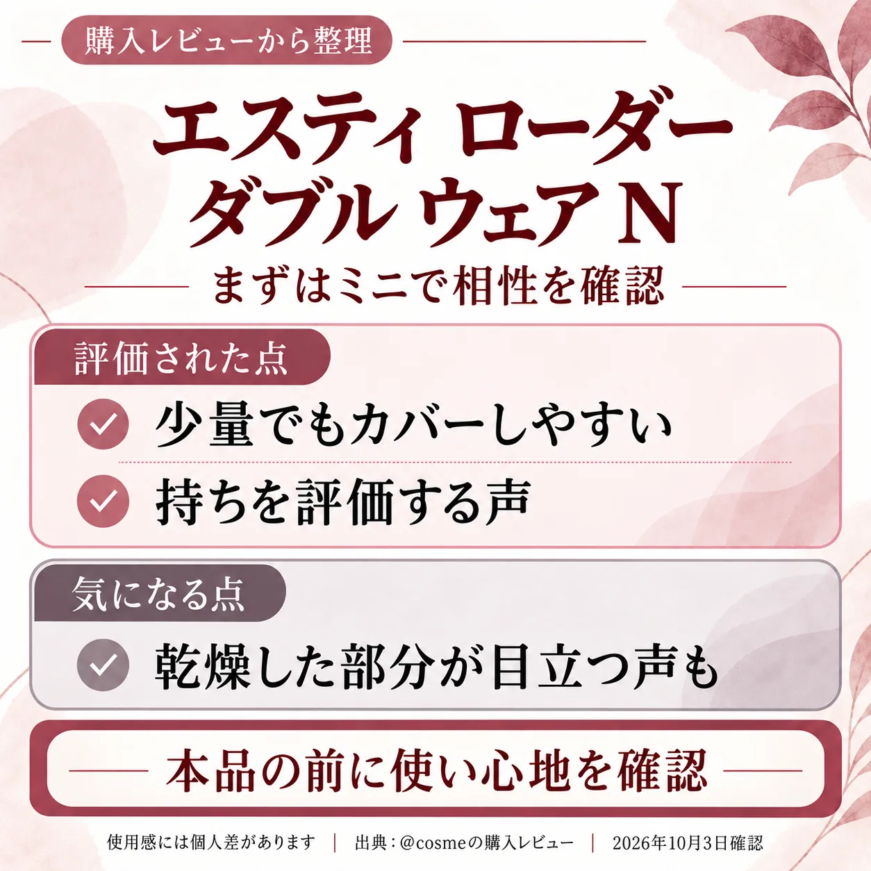 購入レビューの要点をまとめた画像。ダブル ウェア Nが気になるなら、まずミニが候補だゆ